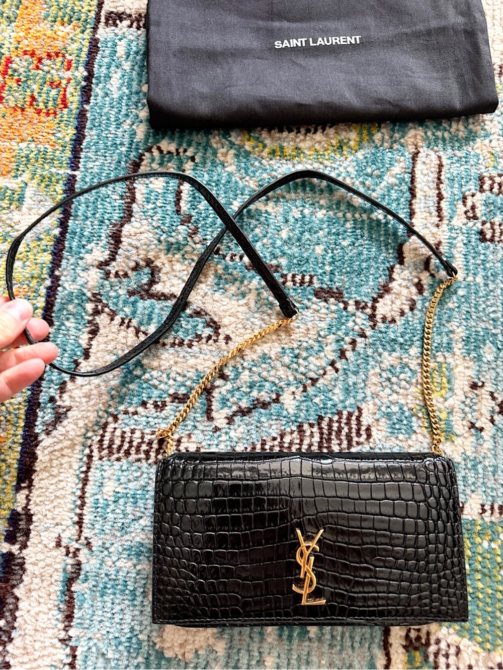 Saint Laurent YSL cassandre croc embossed black crossbody phone holder bag